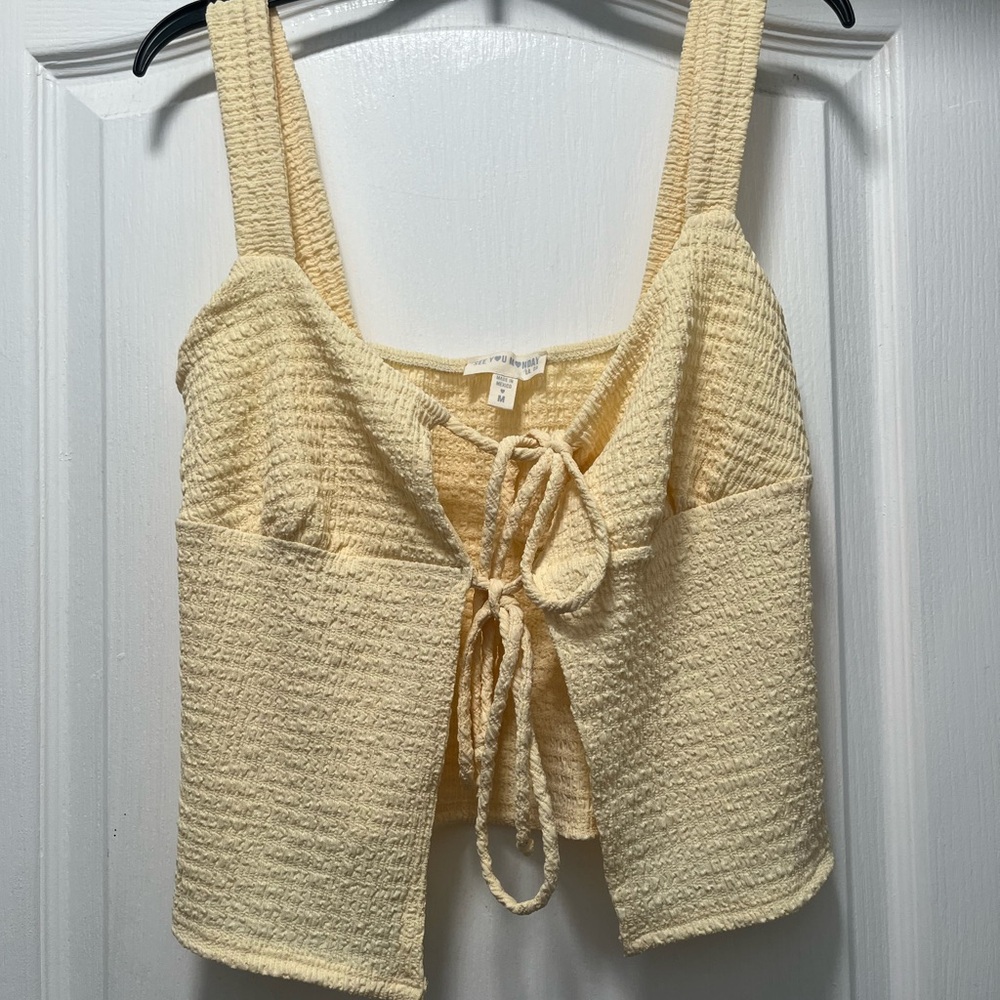 See You Monday Yellow Textured Tie-Front Tank Top